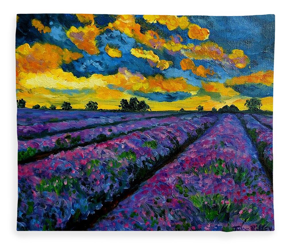 Lavender Field Fleece Blanket featuring the painting Lavender Fields At Dusk by Julie Brugh Riffey