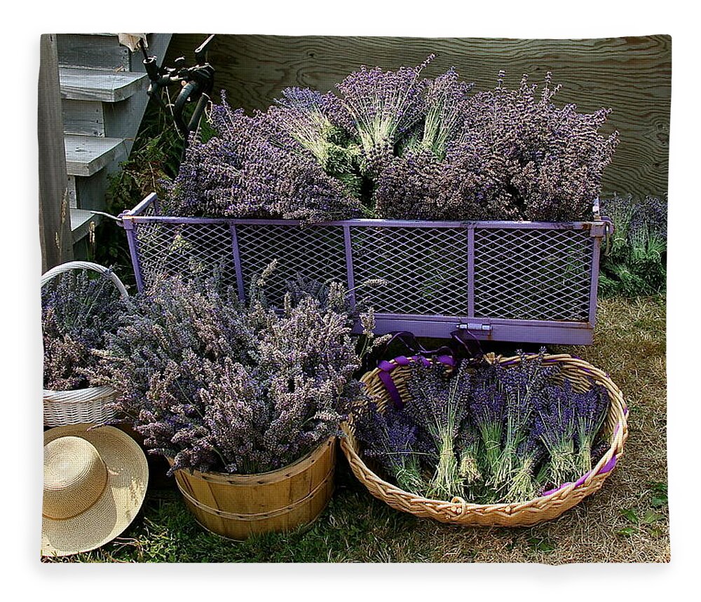 Lavender Fleece Blanket featuring the mixed media Lavender Harvest by Alicia Kent