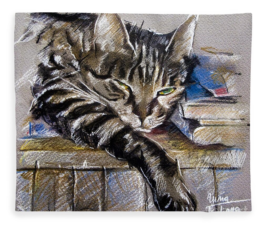 Cat Fleece Blanket featuring the drawing Lazy Cat Portrait - Drawing by Daliana Pacuraru