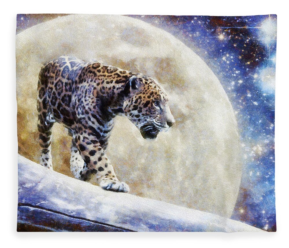 Leopard Fleece Blanket featuring the painting Leopard Moon by Greg Collins