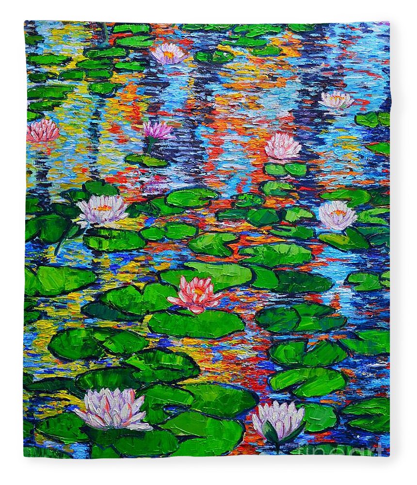Lilies Fleece Blanket featuring the painting Lily Pond Colorful Reflections by Ana Maria Edulescu
