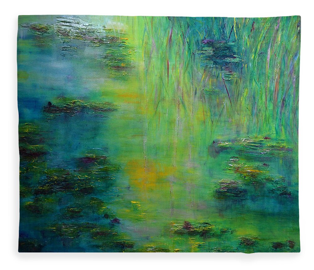 Water Lily Fleece Blanket featuring the painting Lily Pond Tribute to Monet by Claire Bull