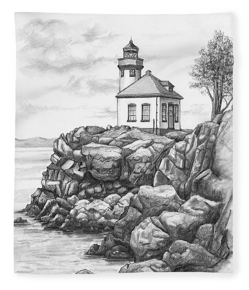 Lime Kiln Lighthouse Fleece Blanket featuring the drawing Lime Kiln Lighthouse by Kim Lockman