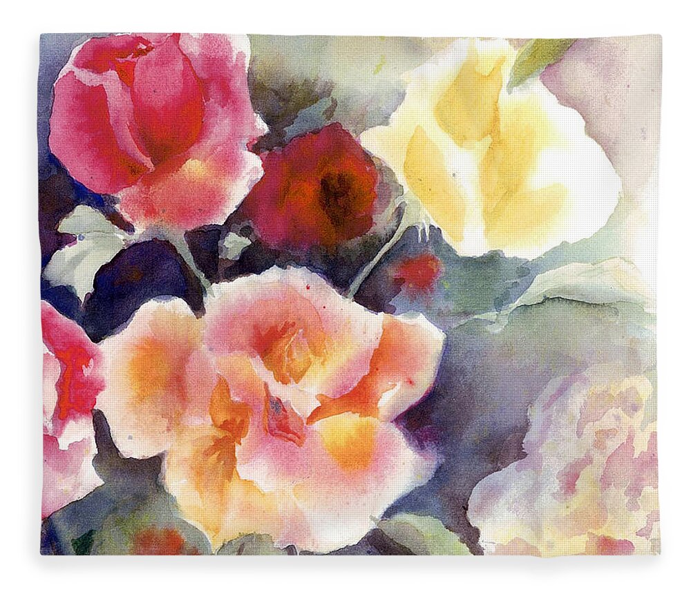 Roses Fleece Blanket featuring the painting Roses in the Garden by Maria Hunt