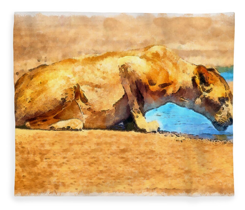 Rossidis Fleece Blanket featuring the painting Lioness drinking by George Rossidis
