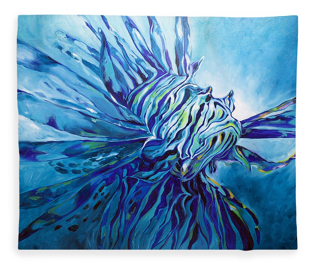 Fish Fleece Blanket featuring the painting Lionfish Abstract Blue by Marcia Baldwin