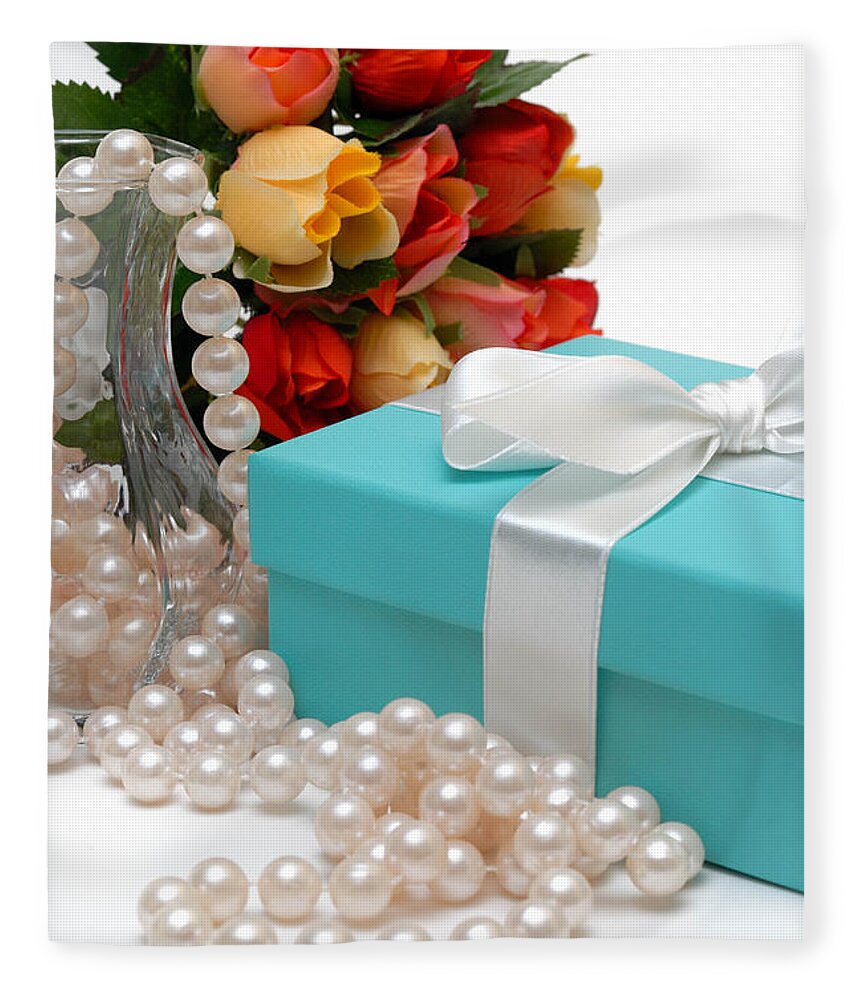 Anniversary Fleece Blanket featuring the photograph Little Blue Gift Box with Pearls and Flowers by Amy Cicconi