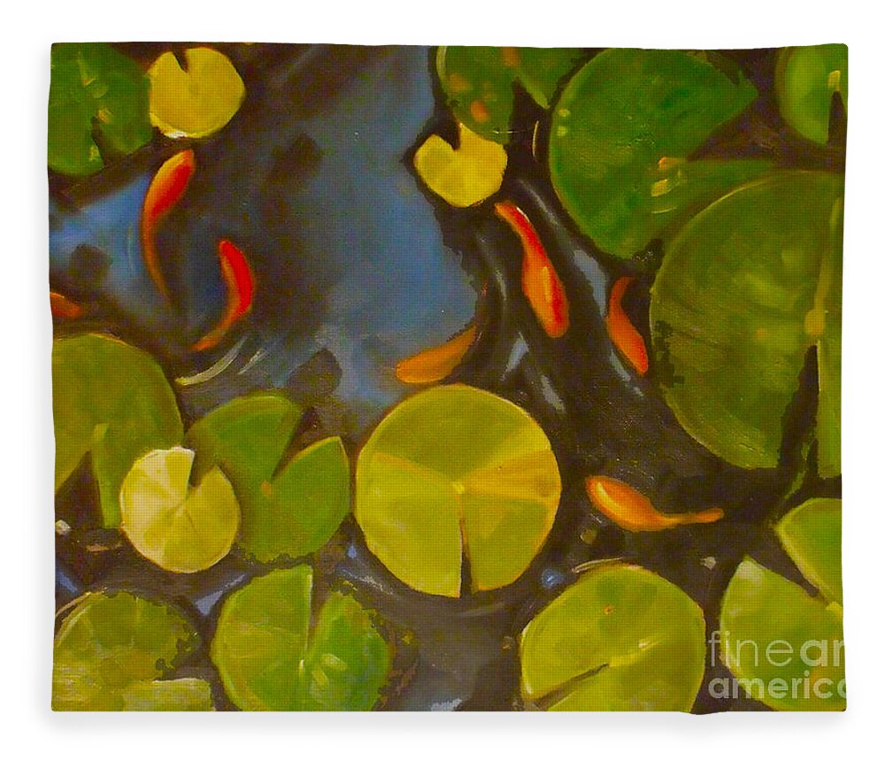 Koi Fleece Blanket featuring the painting Little Fish koi goldfish pond by Mary Hubley
