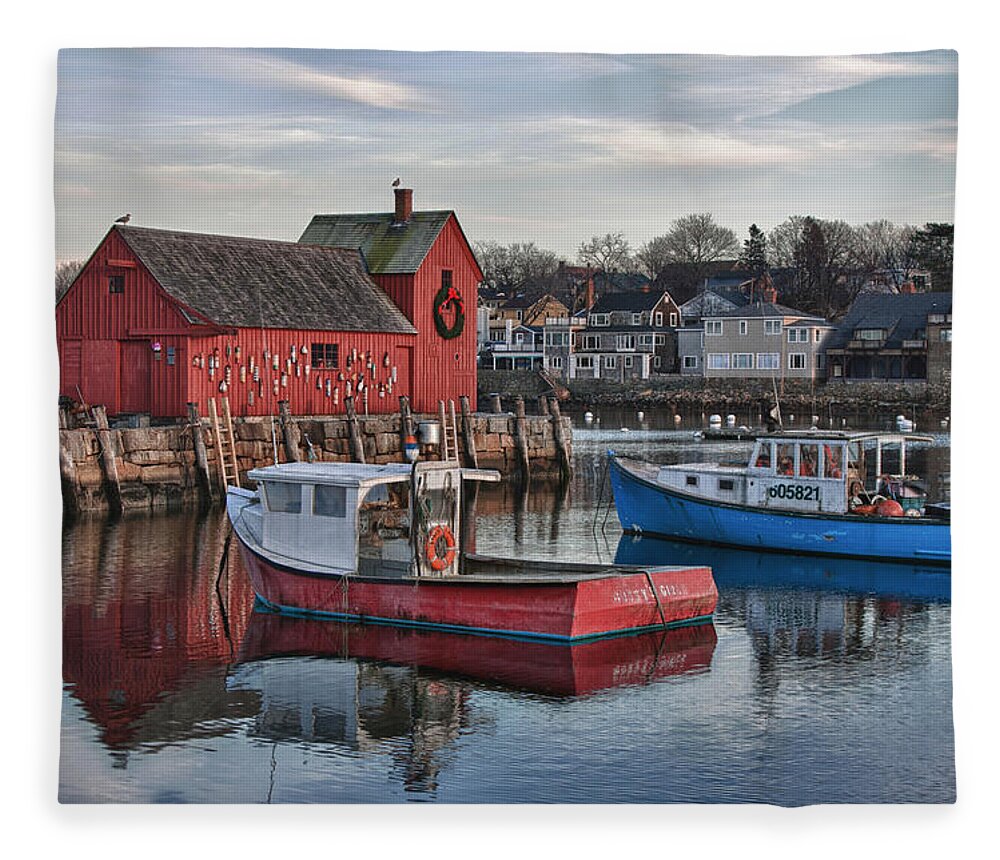 Motif Number One Rockport Lobster Shack By Jeff Folger Fleece Blanket featuring the photograph Lobster boats at Motif 1 by Jeff Folger