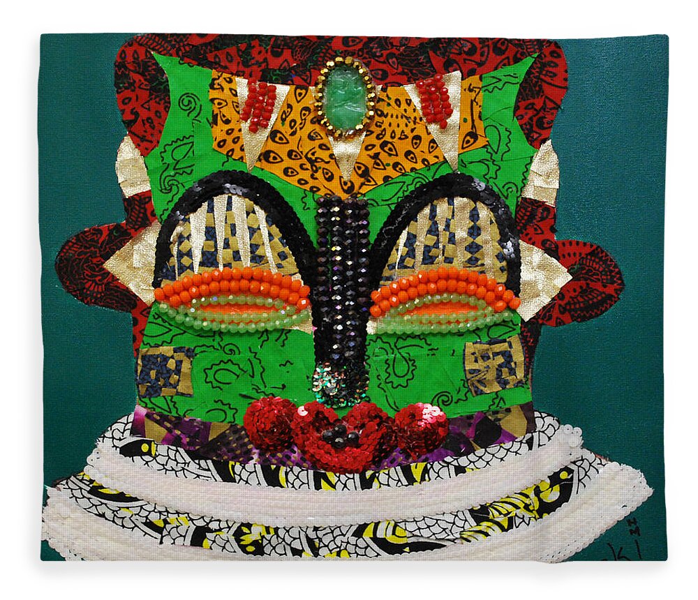 African Mask Fleece Blanket featuring the tapestry - textile Lotus Warrior by Apanaki Temitayo M