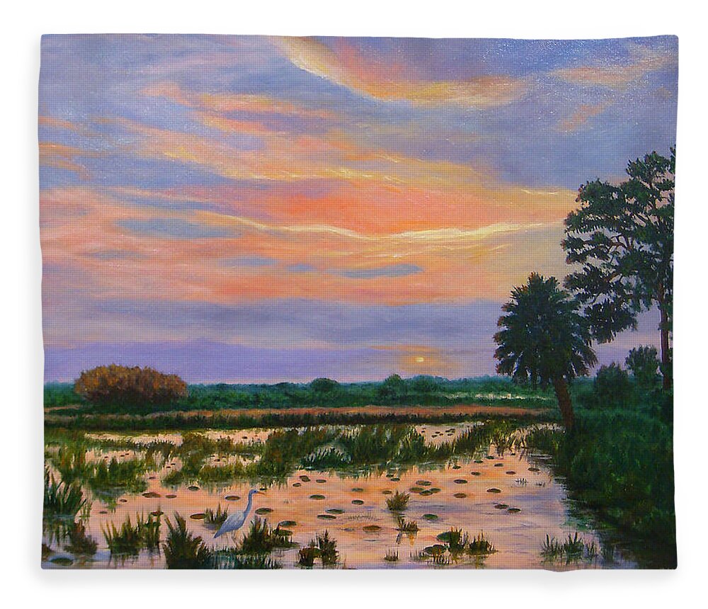 Karen Zuk Rosenblatt Art And Photography Fleece Blanket featuring the painting Loxahatchee Sunset by Karen Zuk Rosenblatt