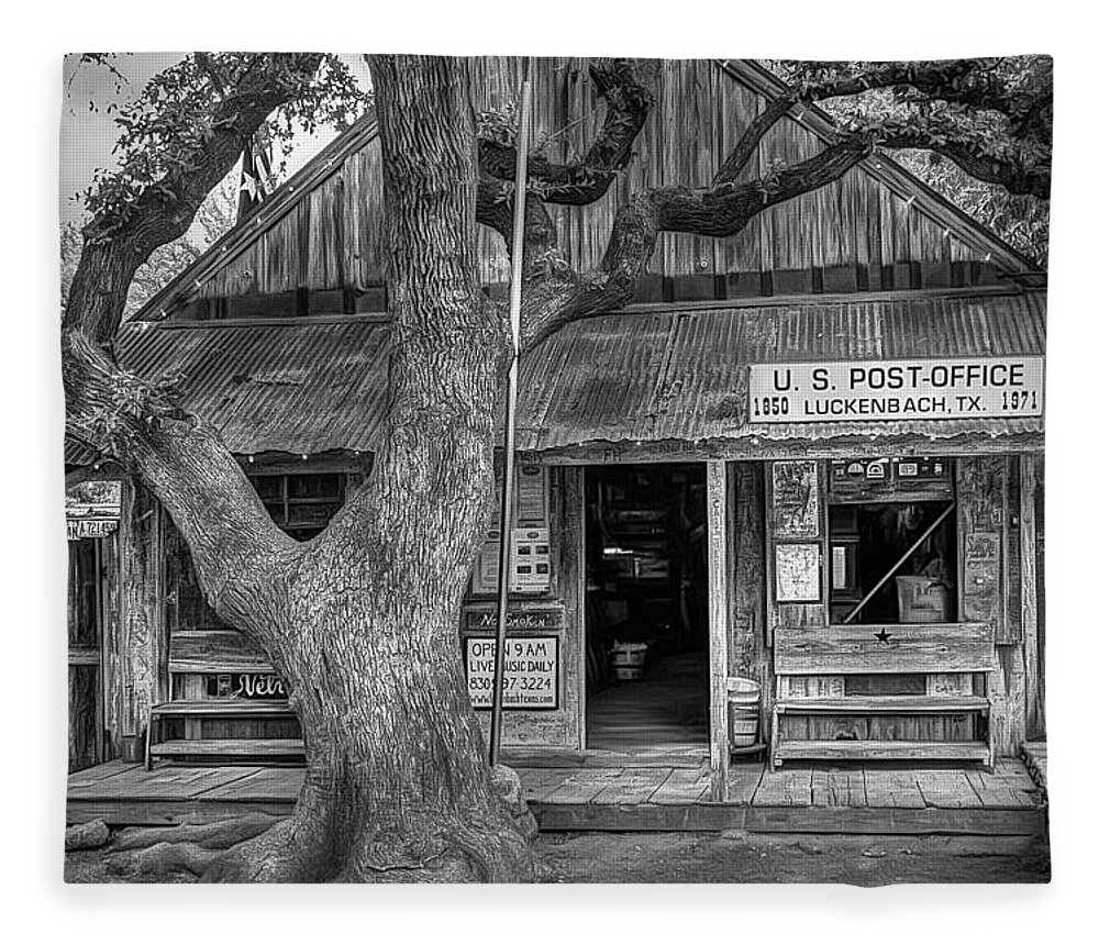 Luckenbach Fleece Blanket featuring the photograph Luckenbach 2 Black and White by Scott Norris