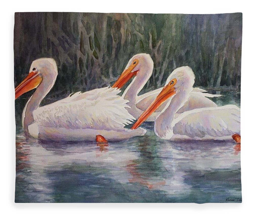 White Pelicans Fleece Blanket featuring the painting Luminous White Pelicans by Roxanne Tobaison