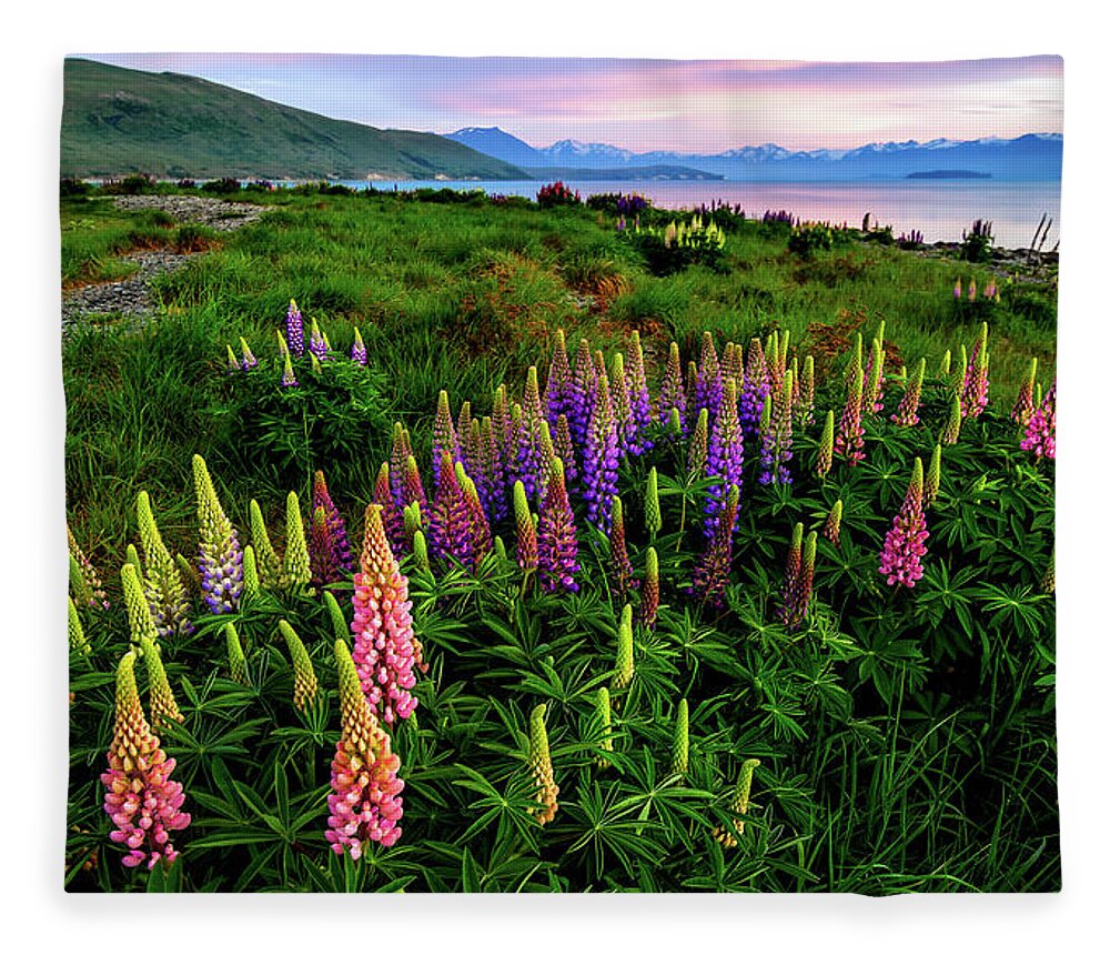 Tekapo Fleece Blanket featuring the photograph Lupins At The Lake by Patrick Imrutai Photography