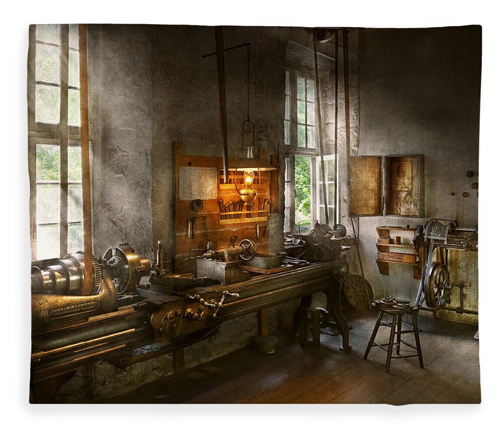Self Fleece Blanket featuring the photograph Machinist - Lathes by Mike Savad
