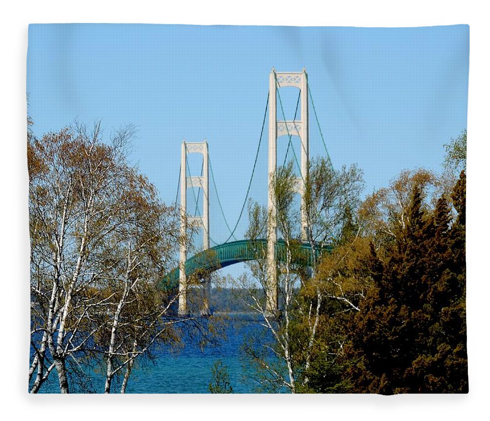 Bridges Fleece Blanket featuring the photograph Mackinac Bridge Birches by Keith Stokes