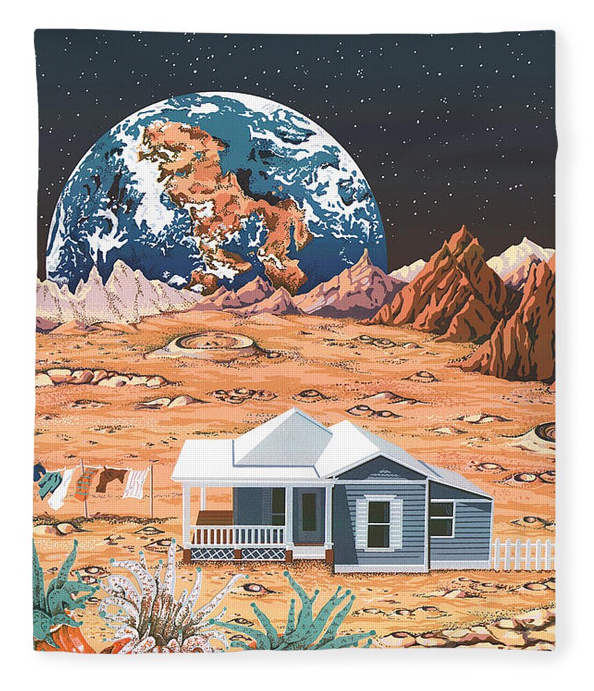 Outer Space Silkscreen Fleece Blanket featuring the drawing Man on the Moon by Anne Gifford