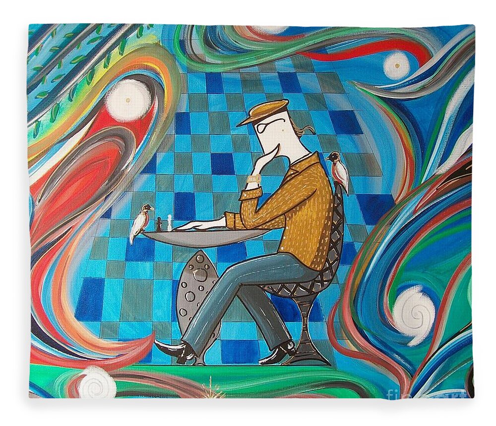 Johnlyes Fleece Blanket featuring the painting Man Sitting in Chair Contemplating Chess with a Bird by John Lyes