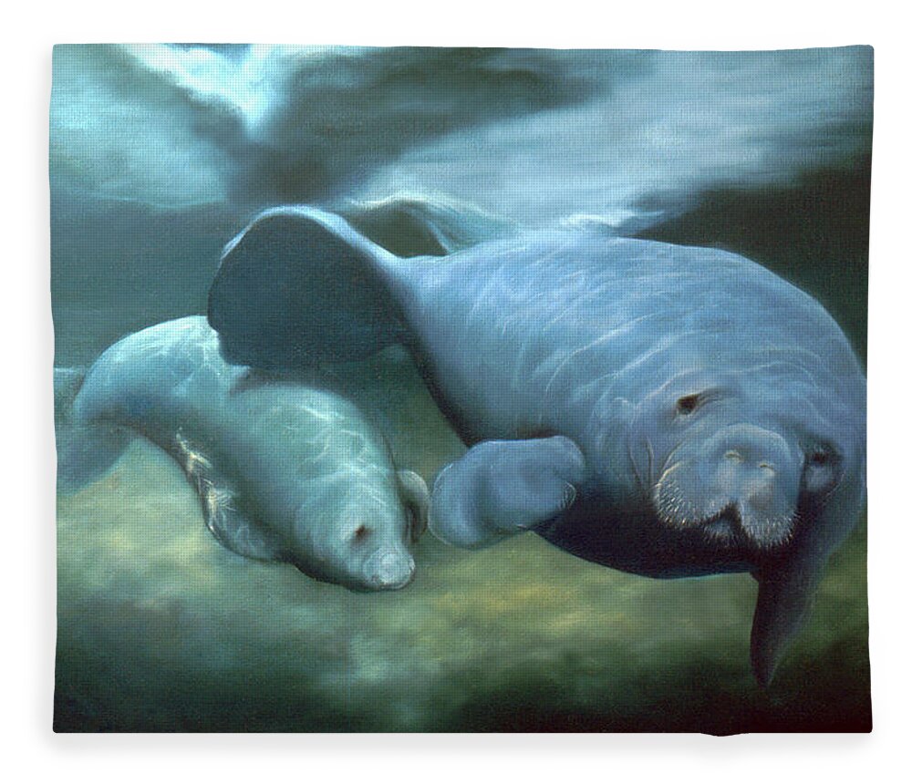 Manatees Fleece Blanket featuring the painting Manatee Madonna by Anni Adkins