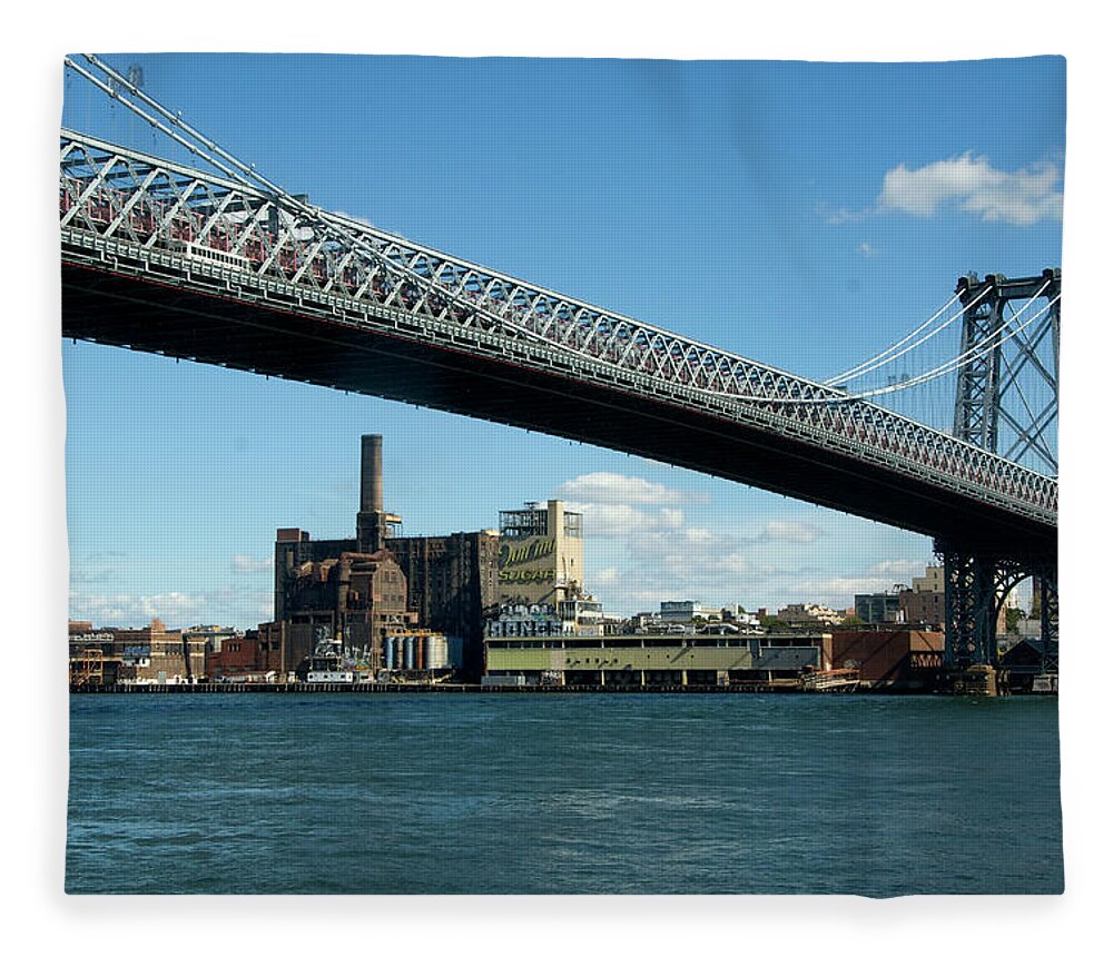 Suspension Bridge Fleece Blanket featuring the photograph Manhattan Bridge And Domino Sugar by Andrea Sperling