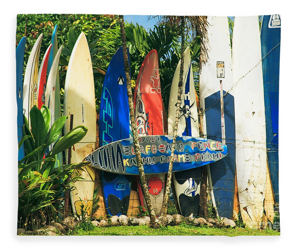 Aloha Fleece Blanket featuring the photograph Maui Surfboard Fence - Peahi Hawaii by Sharon Mau
