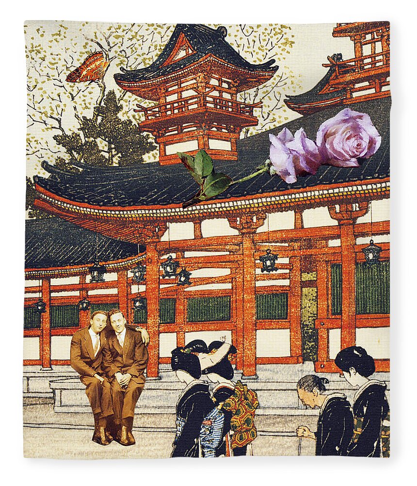 Collage Fleece Blanket featuring the digital art Maurice and Maxwell Honeymoon in Japan by John Vincent Palozzi