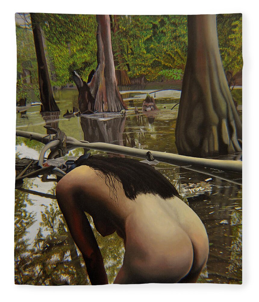 Nude Fleece Blanket featuring the painting May Morning Arkansas River 2 by Thu Nguyen