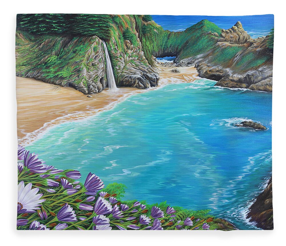Beach Fleece Blanket featuring the painting McWay Falls by Jane Girardot