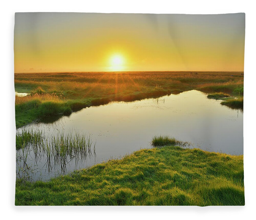 Scenics Fleece Blanket featuring the photograph Meadow With Pond At Sunrise by Raimund Linke