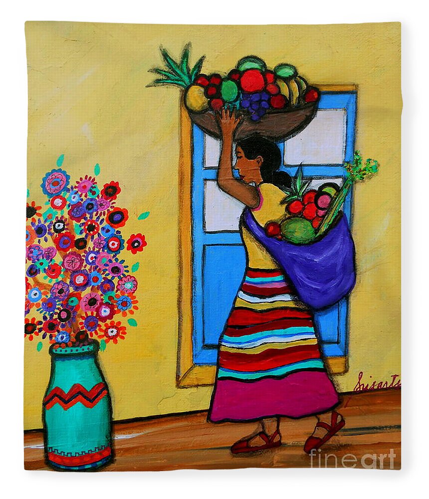 Fruit Fleece Blanket featuring the painting Mexican Street Vendor by Pristine Cartera Turkus