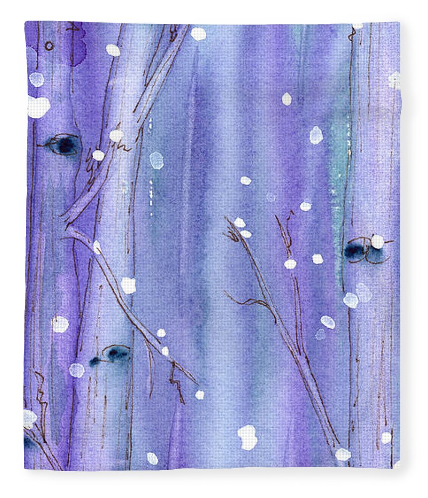 Watercolor Fleece Blanket featuring the painting Midnight Snow In The Aspens by Dawn Derman