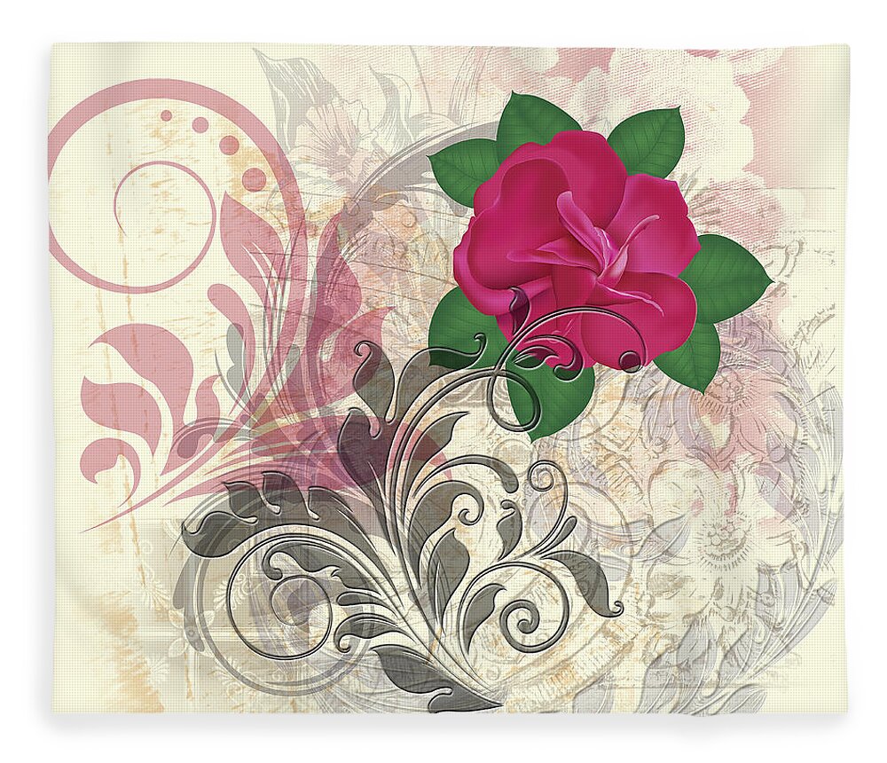 Mini Rose Fleece Blanket featuring the digital art Mini Rose Flourish by Linda Carruth