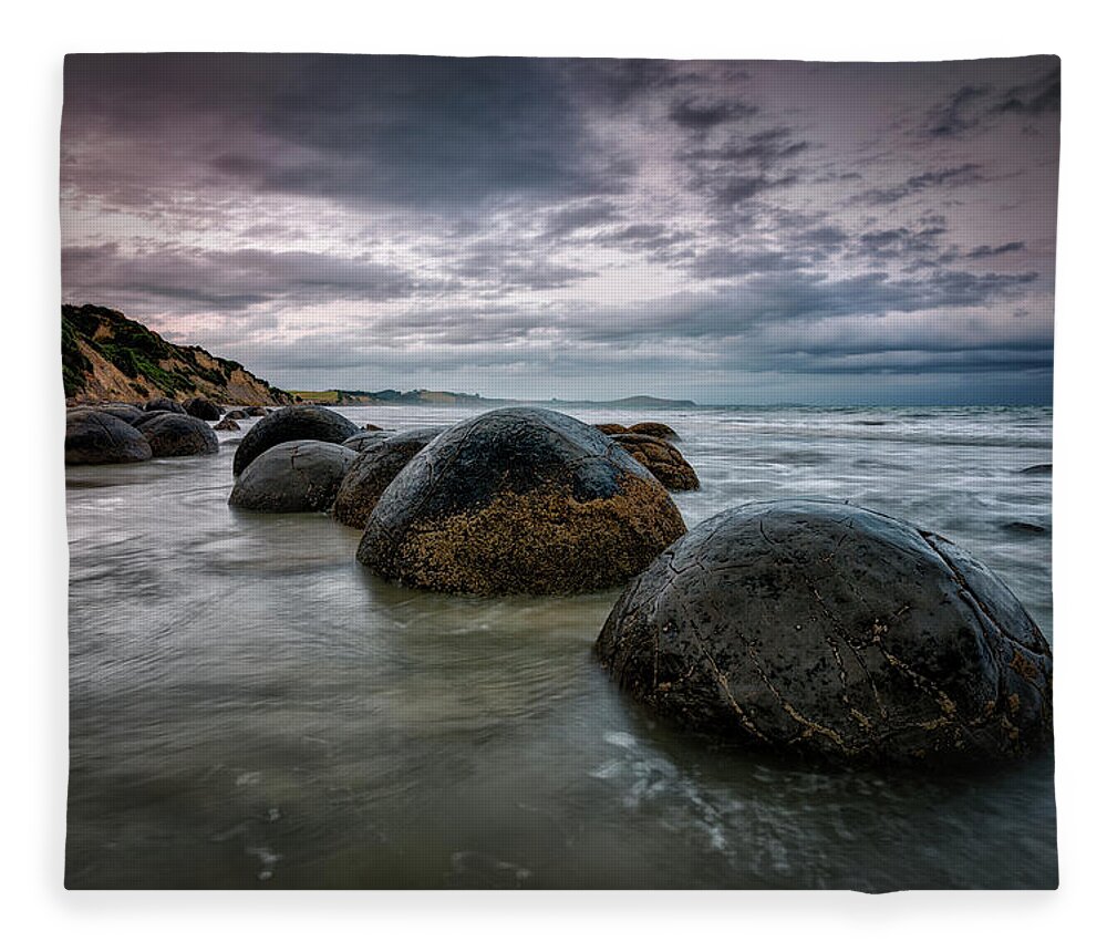 Scenics Fleece Blanket featuring the photograph Moeraki Morning | Otago Coast, Nz by Copyright Lorenzo Montezemolo