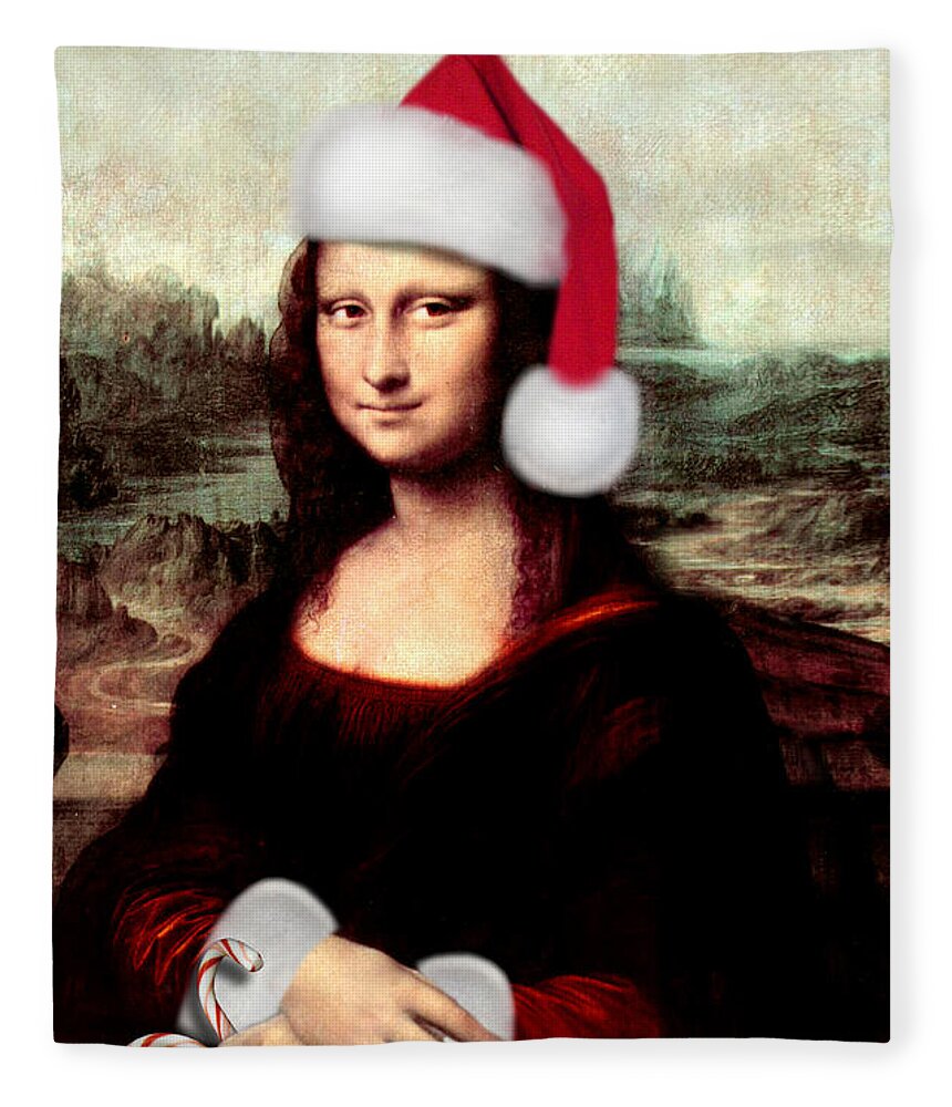 Mona Lisa Fleece Blanket featuring the digital art Mona Lisa With Santa Hat by Gravityx9 Designs