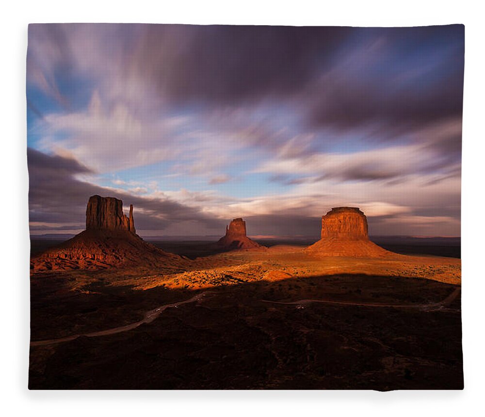 Monument Valley Fleece Blanket featuring the photograph Monument Skys by Tassanee Angiolillo