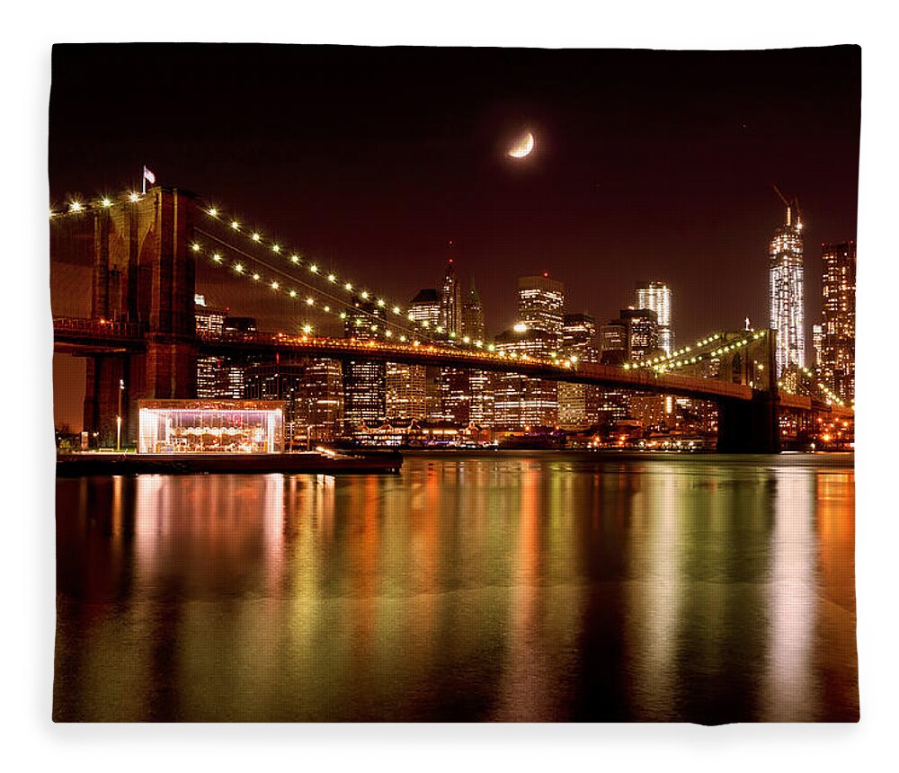 Amazing Brooklyn Bridge Photos Fleece Blanket featuring the photograph Moon Over the Brooklyn Bridge by Mitchell R Grosky