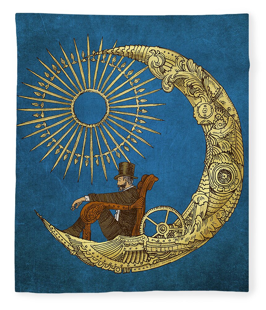 Blue Fleece Blanket featuring the digital art Moon Travel by Eric Fan