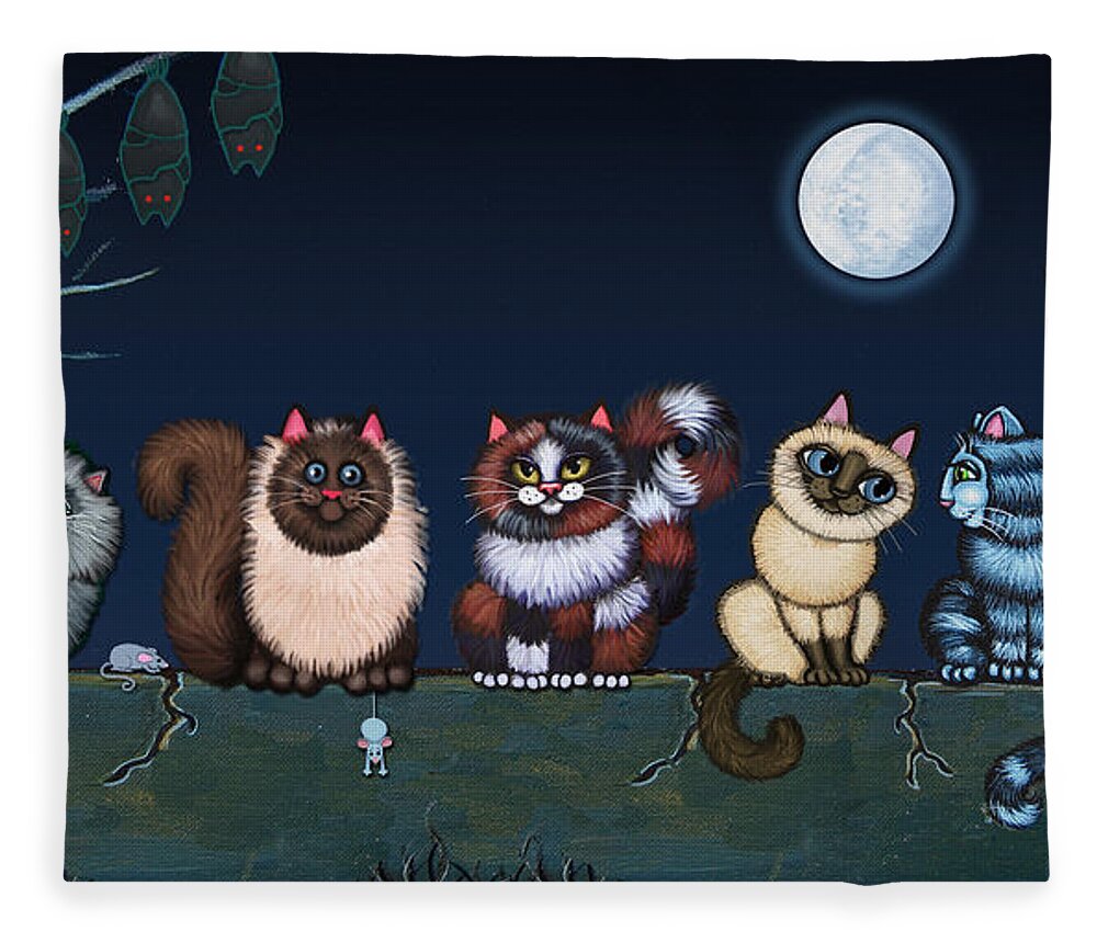 Cat Fleece Blanket featuring the painting Moonlight On The Wall by Victoria De Almeida
