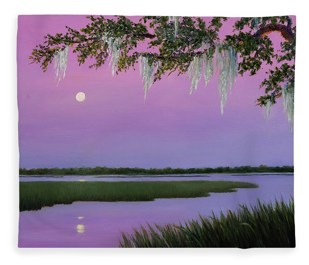 Coastal Early Moon Rising Fleece Blanket featuring the painting Moonlit by Audrey McLeod