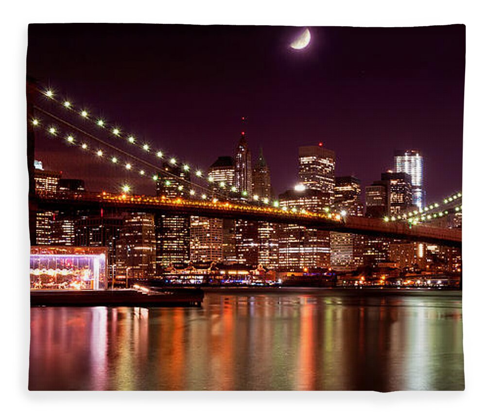 Amazing Brooklyn Bridge Photos Fleece Blanket featuring the photograph Moonlit NYC Panorama by Mitchell R Grosky