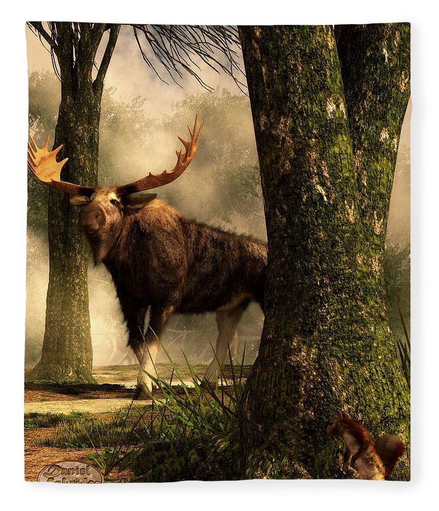 Moose Fleece Blanket featuring the digital art Moose and Squirrel by Daniel Eskridge