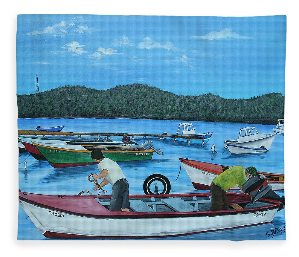Fishermen Getting Ready To Go Fishing In Guanica Fleece Blanket featuring the painting Morning Ritual by Gloria E Barreto-Rodriguez