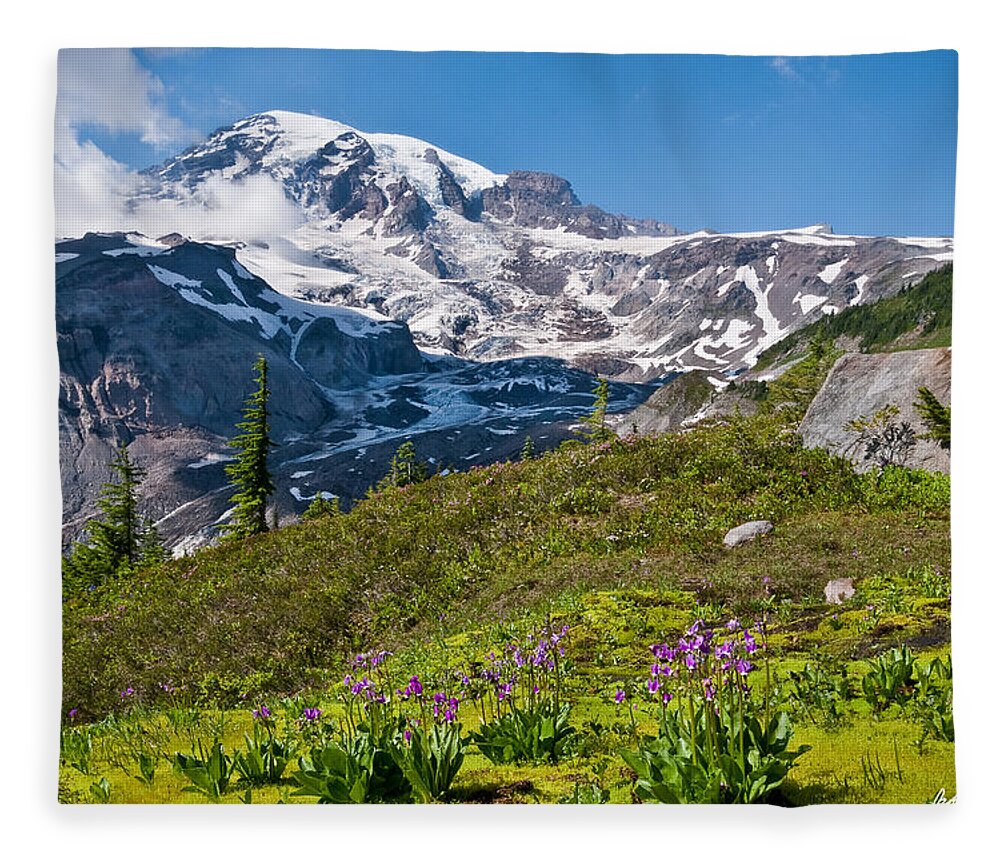 Alpine Fleece Blanket featuring the photograph Moss and Shooting Star on the Nisqually Moraine by Jeff Goulden
