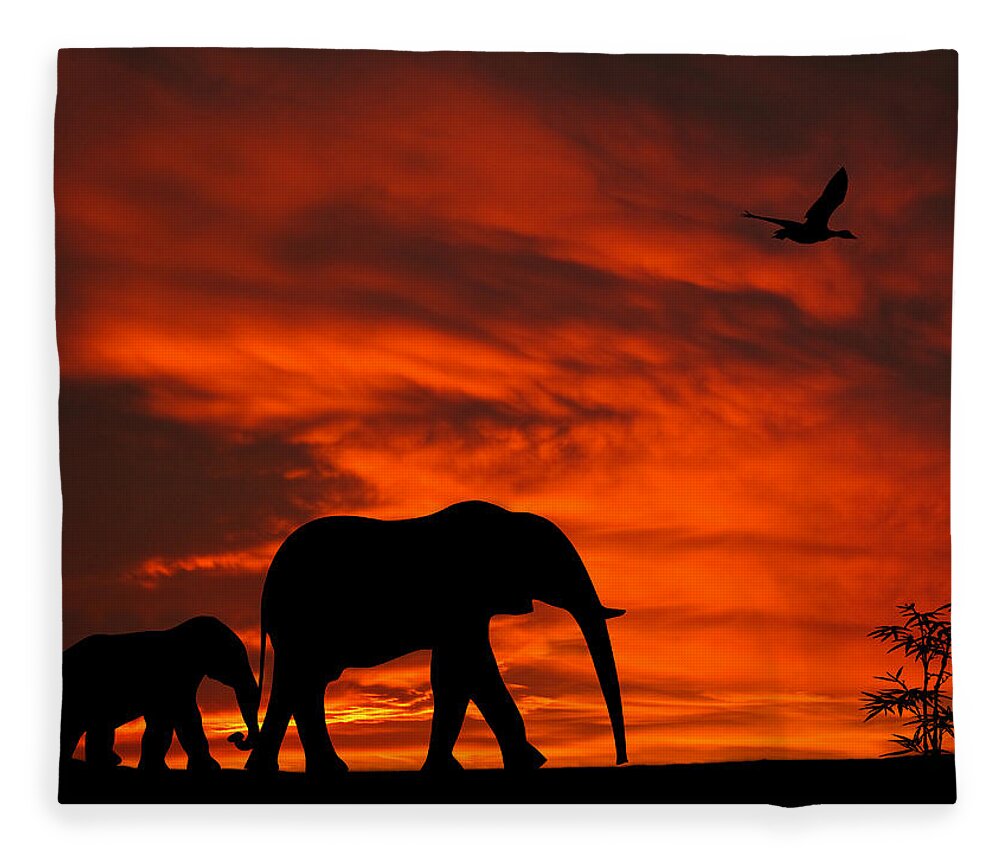 Elephant Fleece Blanket featuring the photograph Mother and Baby Elephants Sunset Silhouette Series by David Dehner