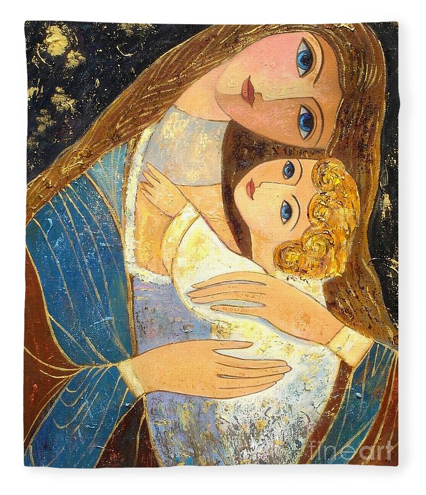 Mother And Golden Haired Child Fleece Blanket featuring the painting Mother and Golden Haired Child by Shijun Munns