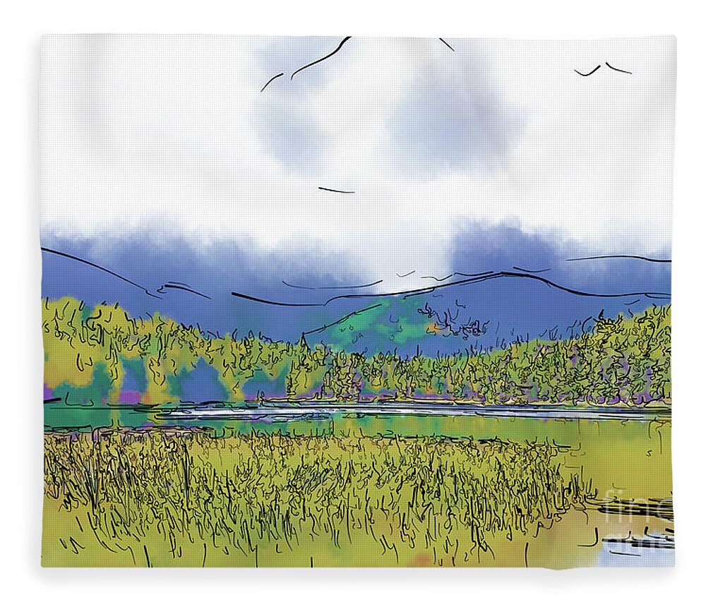 Mountain Fleece Blanket featuring the digital art Mountain Meadow Lake by Kirt Tisdale
