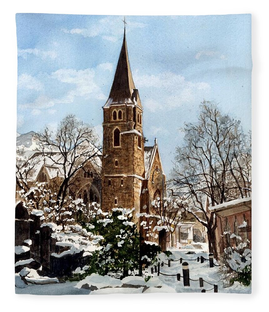 Church Fleece Blanket featuring the painting Mountain Sanctuary by Barbara Jewell