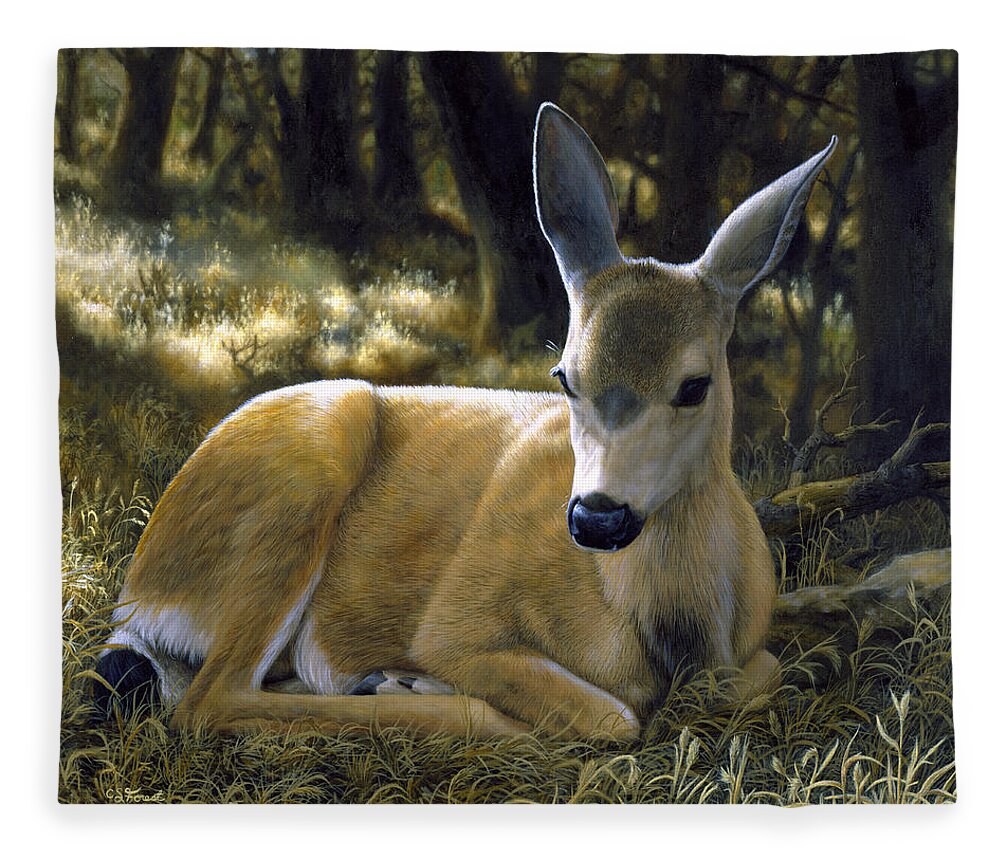 Mule Deer Fawn - A Quiet Place Fleece Blanket by Crista Forest - Pixels
