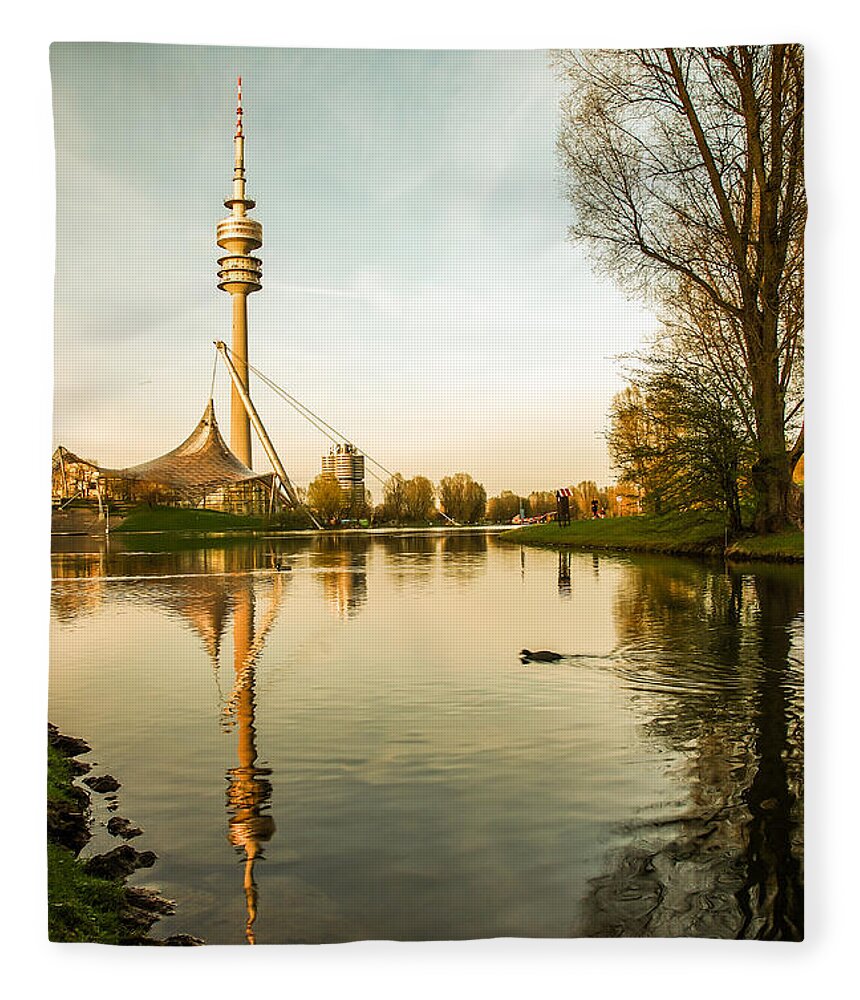 Architecture Fleece Blanket featuring the photograph Munich - Olympiapark - Vintage by Hannes Cmarits