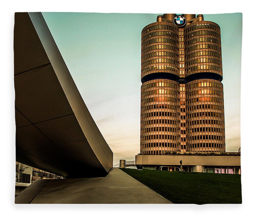 Architecture Fleece Blanket featuring the photograph munich - BMW office - vintage by Hannes Cmarits